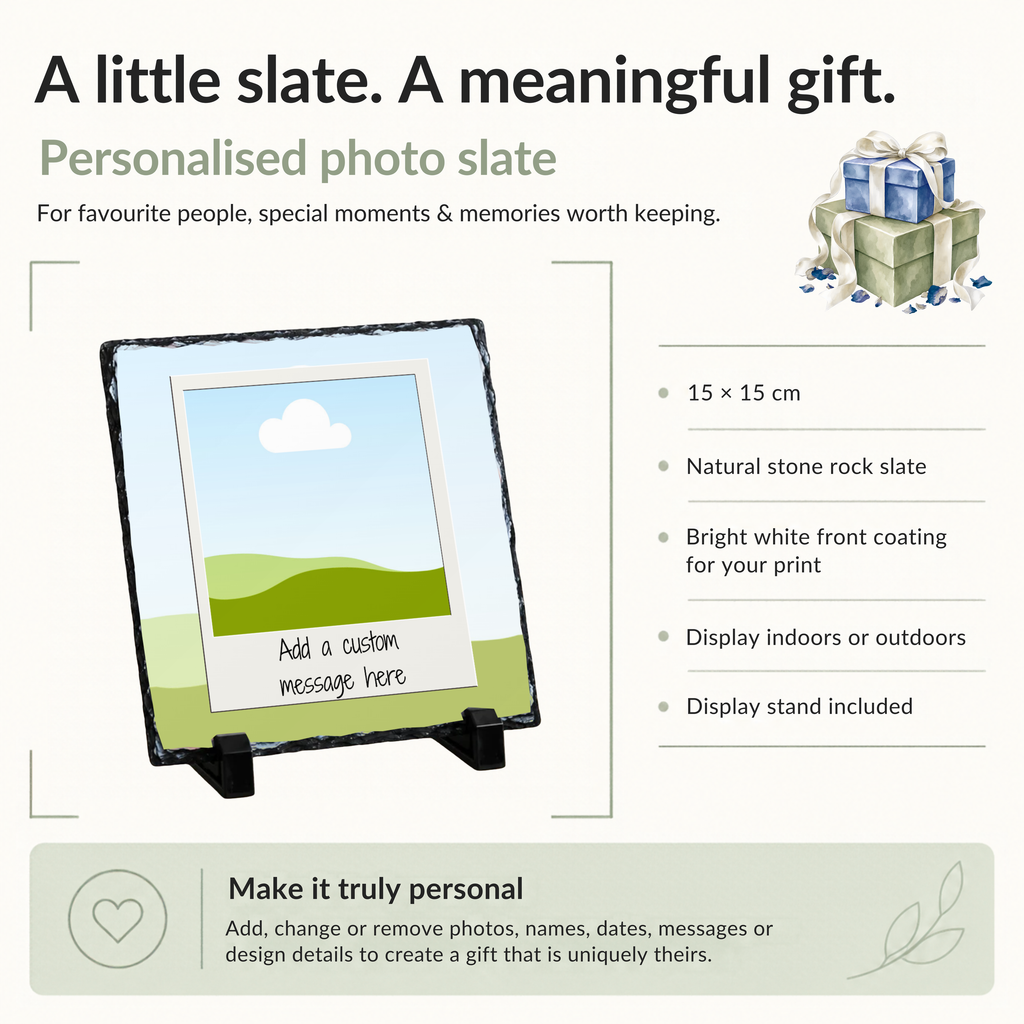 Personalised layered snapshot frame photo slate - size, material and personalisation details with photo placeholders