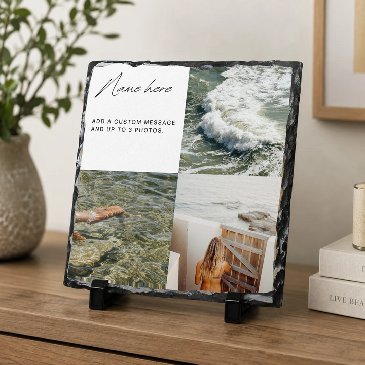 Personalised three photo name & message photo slate - console display with example photo