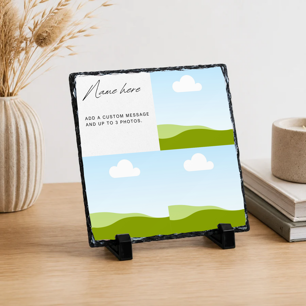 Personalised three photo name & message photo slate - lifestyle placement with photo placeholders