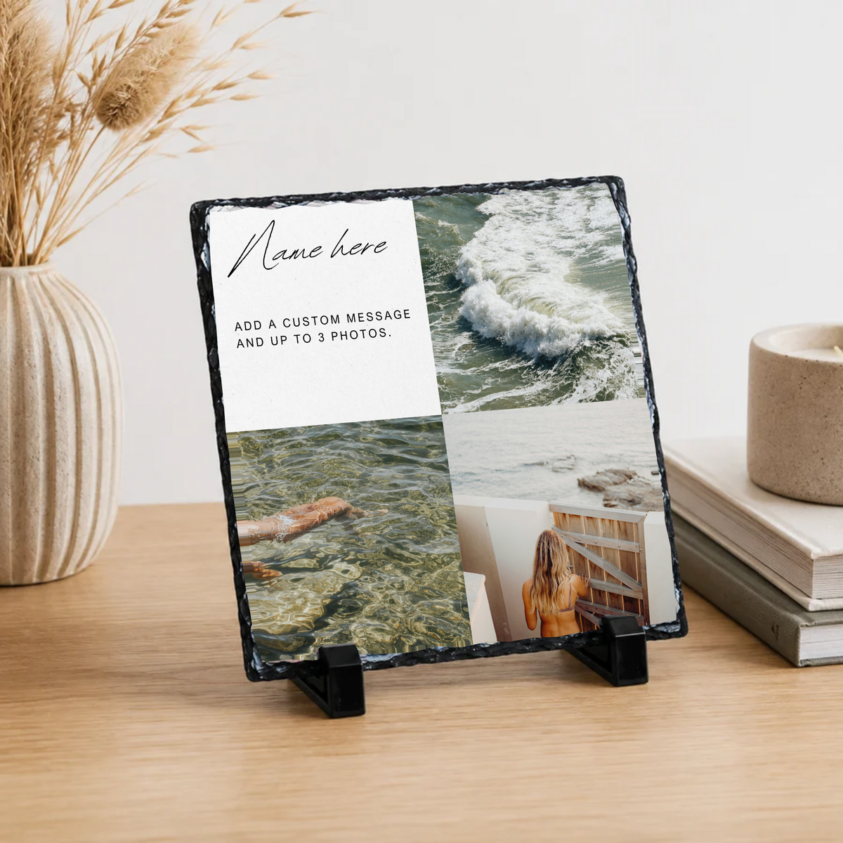 Personalised three photo name & message photo slate - lifestyle display with example photo