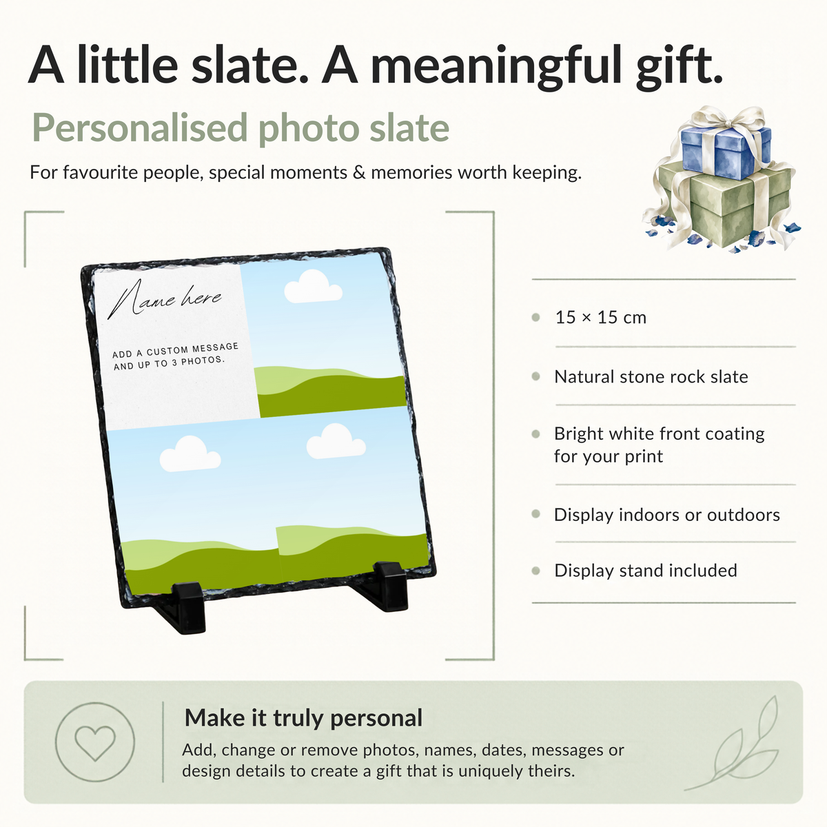 Personalised three photo name & message photo slate - size, material and personalisation details with photo placeholders