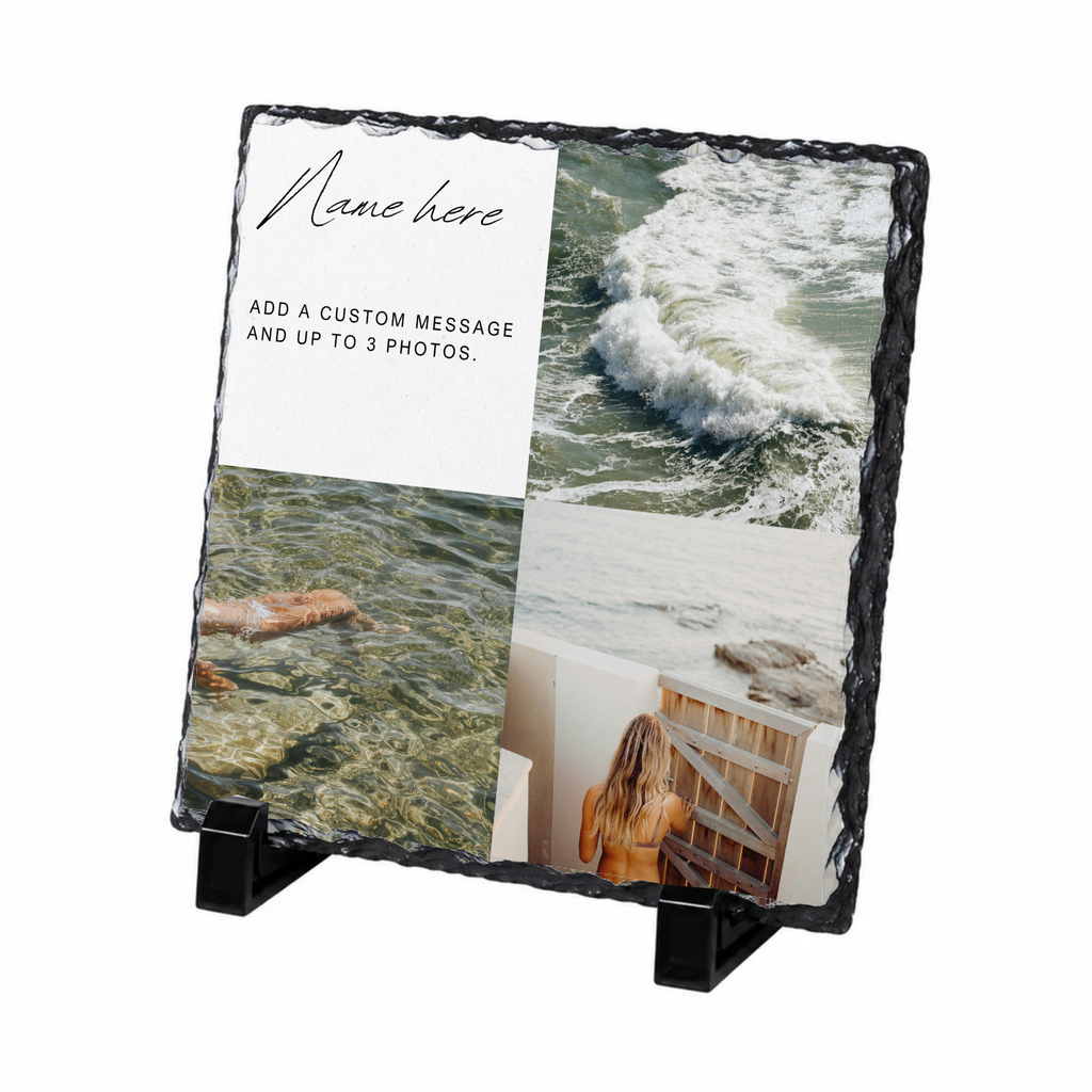 Personalised three photo name & message photo slate - white background with example photo
