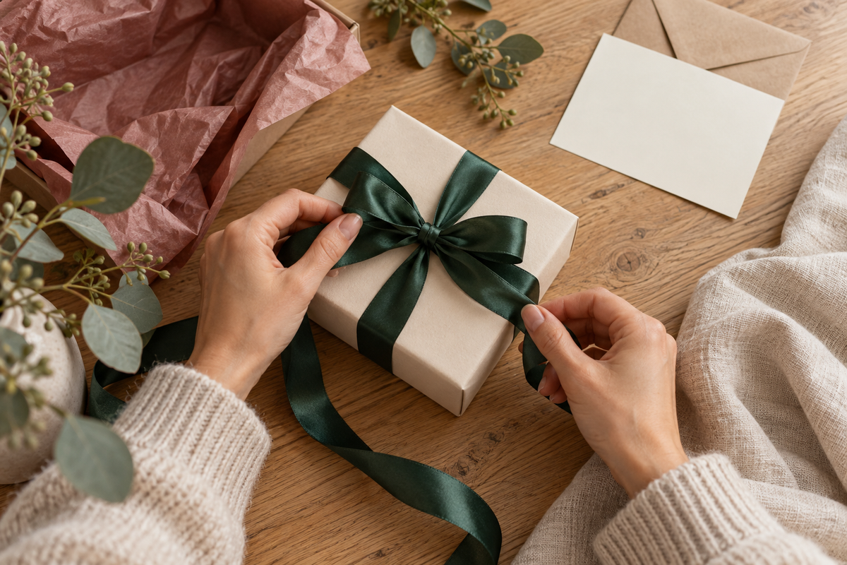 Hands tying a forest green ribbon around an ivory gift box