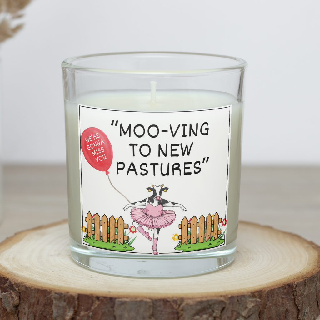 Personalised moving away candle with Moo-ving to New Pastures cow design