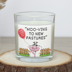 Personalised moving away candle with Moo-ving to New Pastures cow design