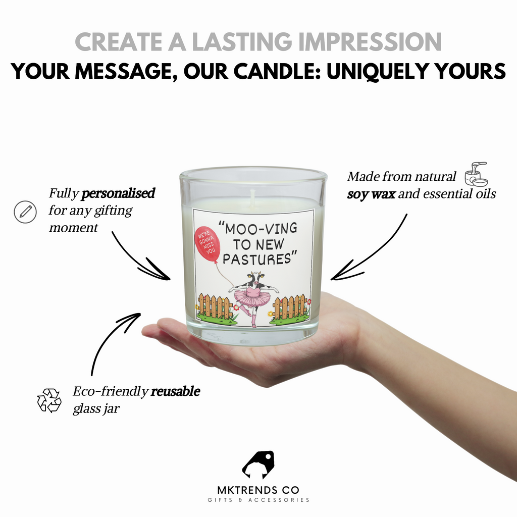 Personalised soy wax candle gift showing customisation and reusable glass jar