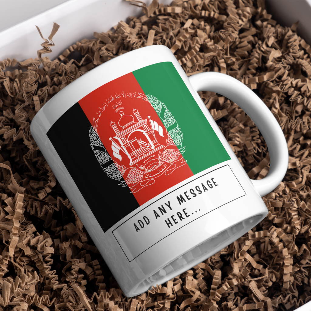 Personalised Afghanistan flag mug – gift presentation on paper packing