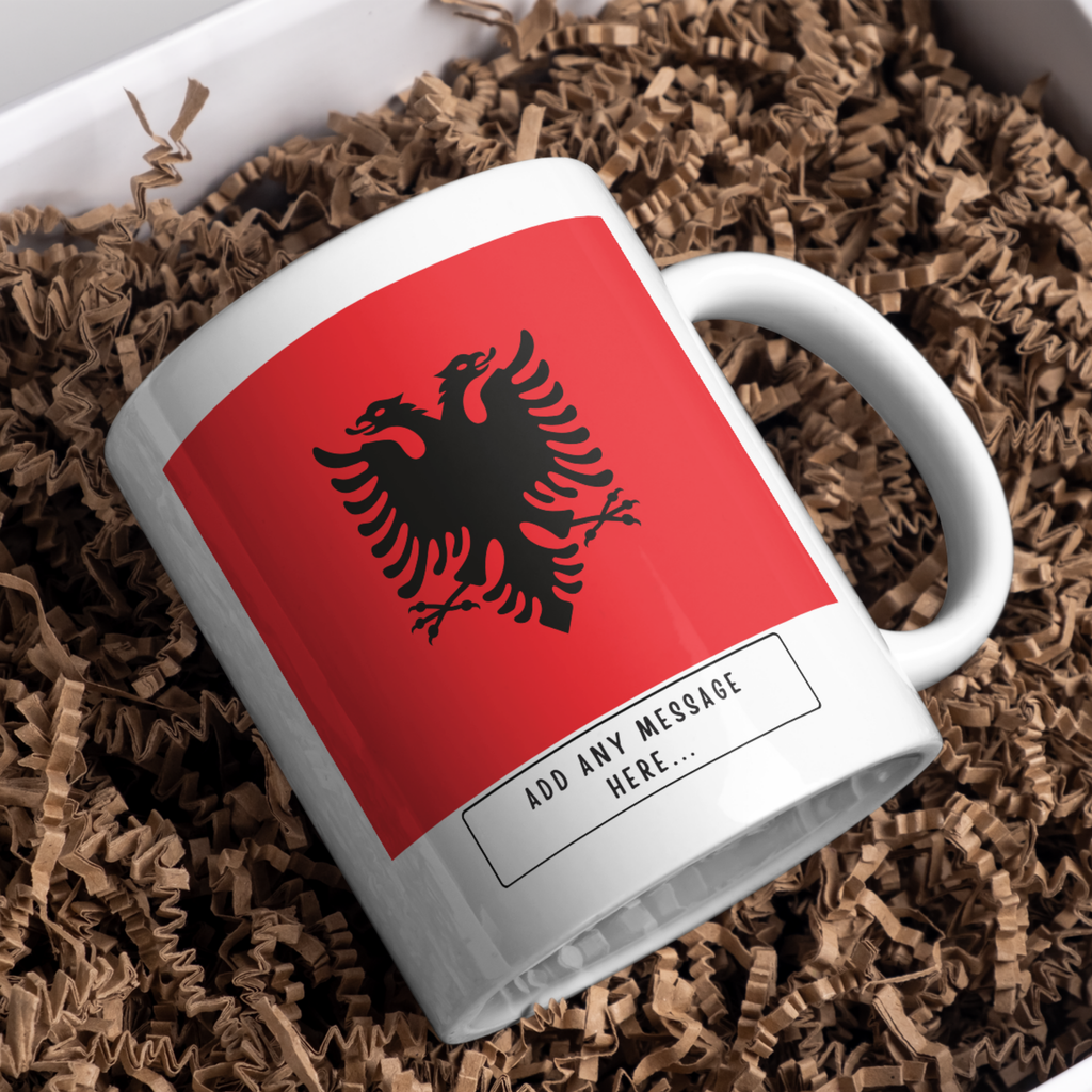 Personalised Albania flag mug – gift presentation on paper packing