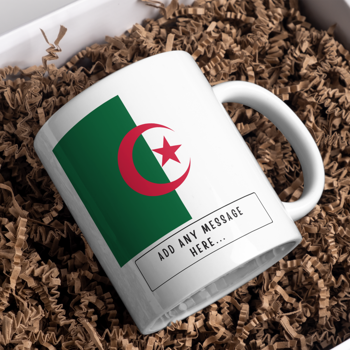 Personalised Algeria flag mug – gift presentation on paper packing