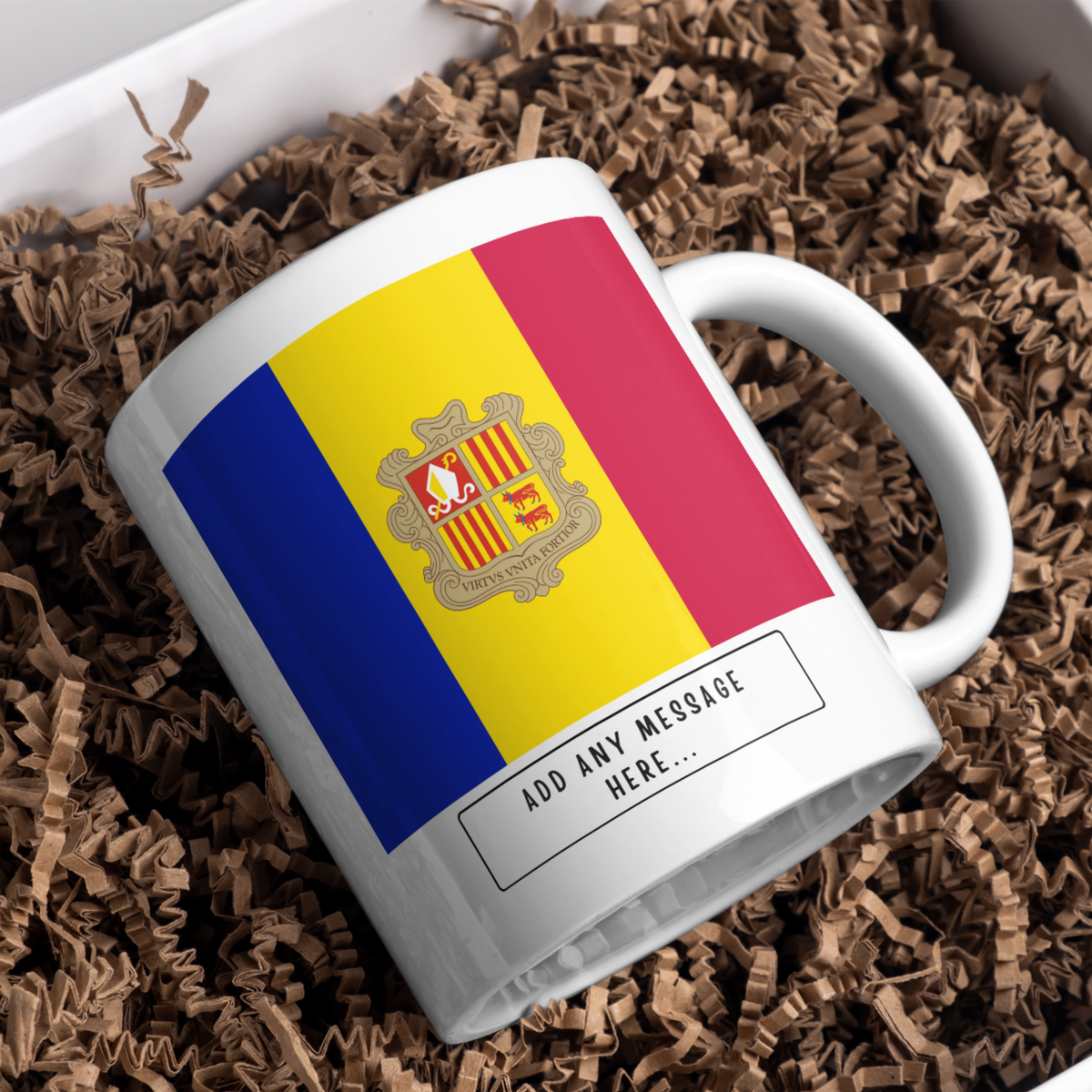 Personalised Andorra flag mug – gift presentation on paper packing