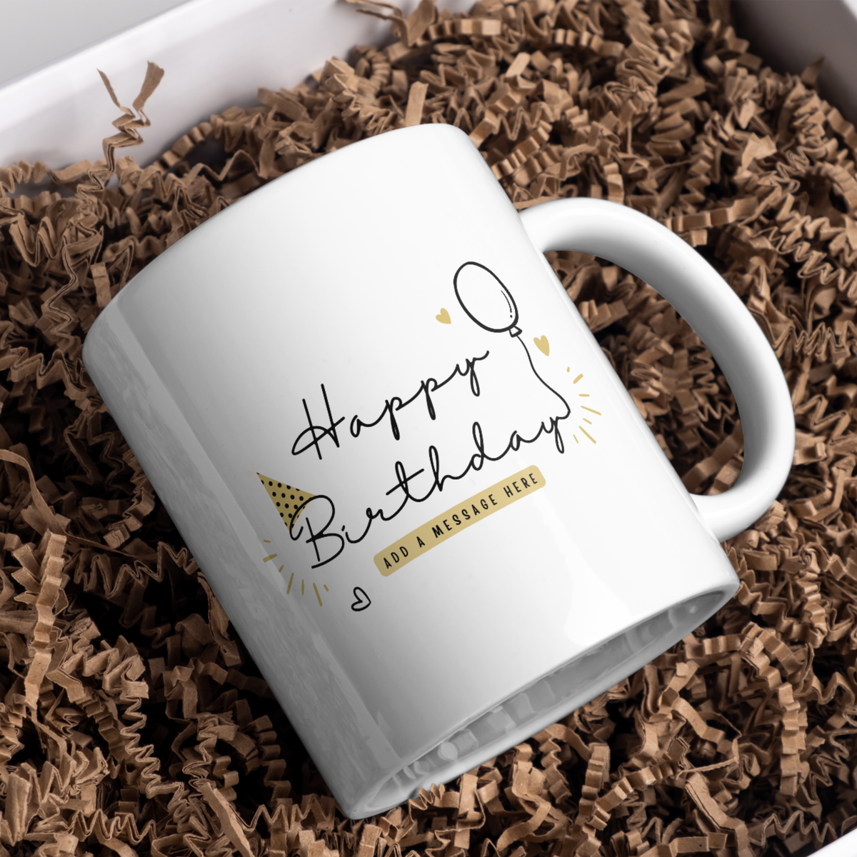 Birthday Balloon Script Mug – gift presentation on paper packing