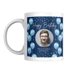 Blue Balloons Photo Birthday Mug – front view with example photo