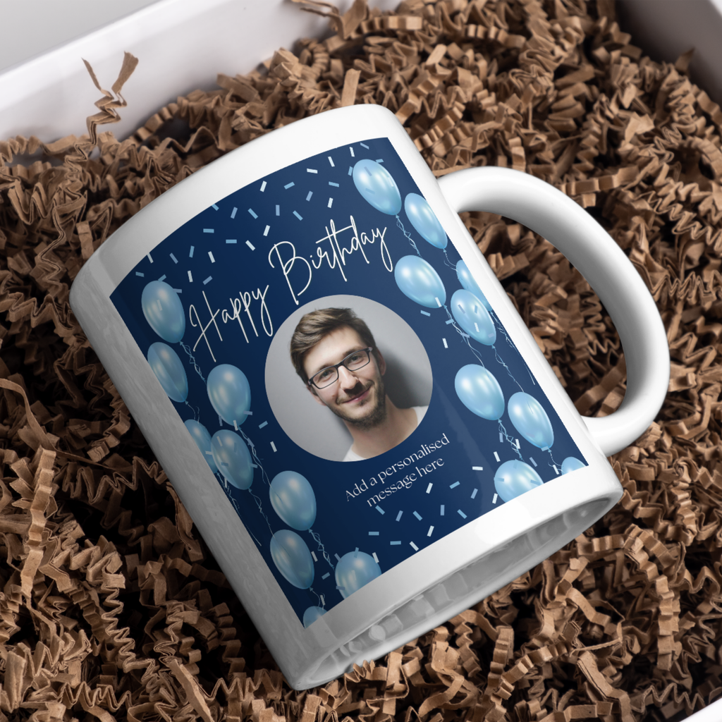 Blue Balloons Photo Birthday Mug – gift presentation on paper packing