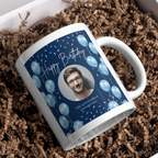 Blue Balloons Photo Birthday Mug – gift presentation on paper packing