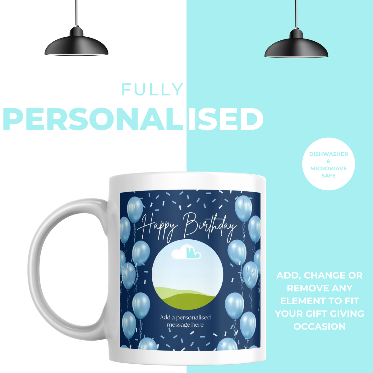 Blue Balloons Photo Birthday Mug – personalisation information