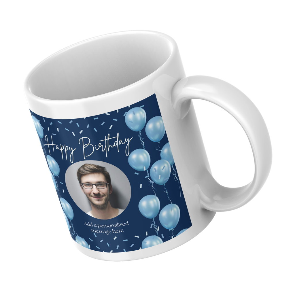 Blue Balloons Photo Birthday Mug – angled view