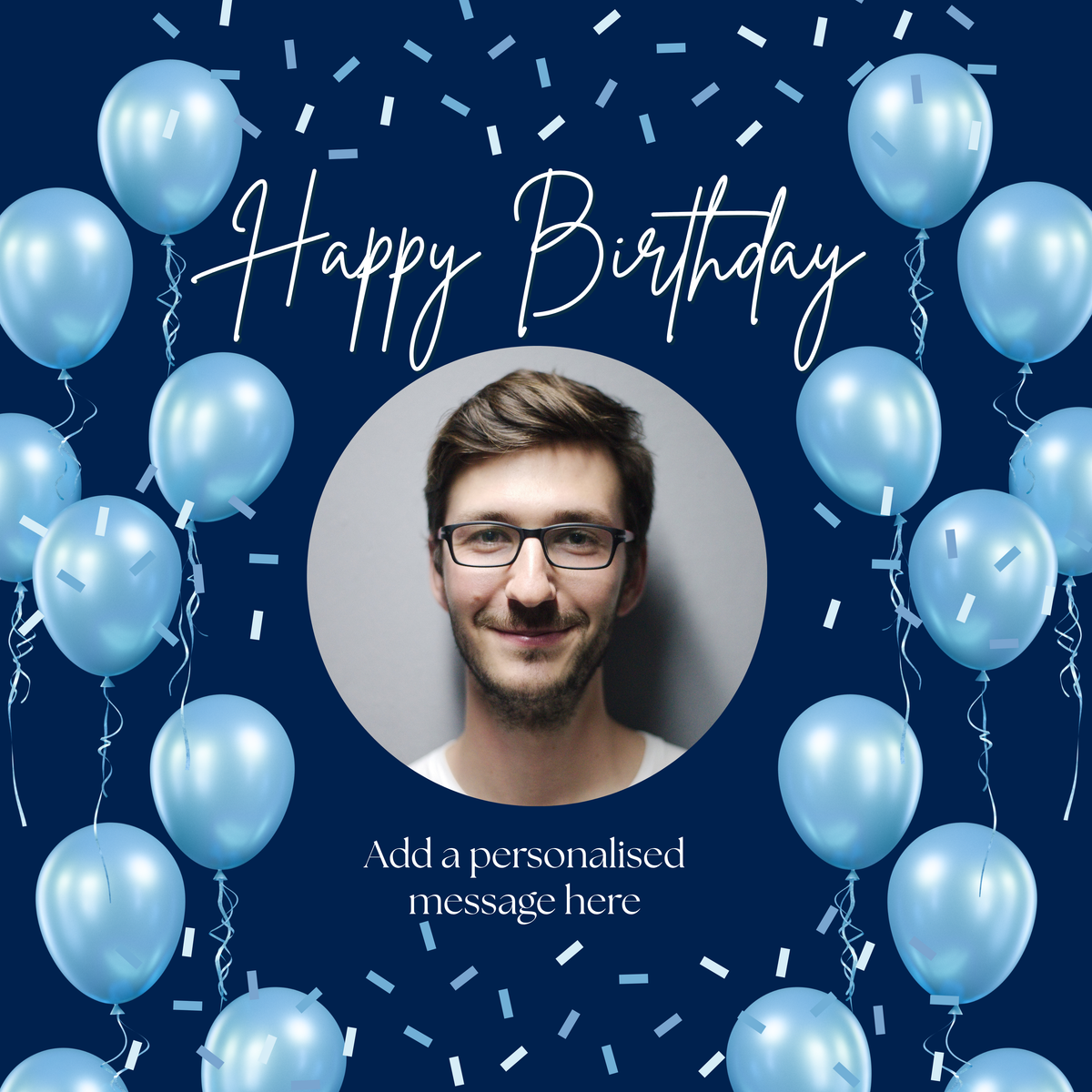 Blue Balloons Photo Birthday Mug – flat artwork with example photo