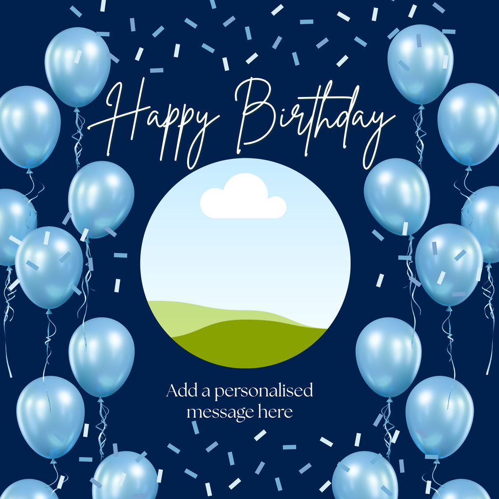 Blue Balloons Photo Birthday Mug – flat artwork showing photo placeholder