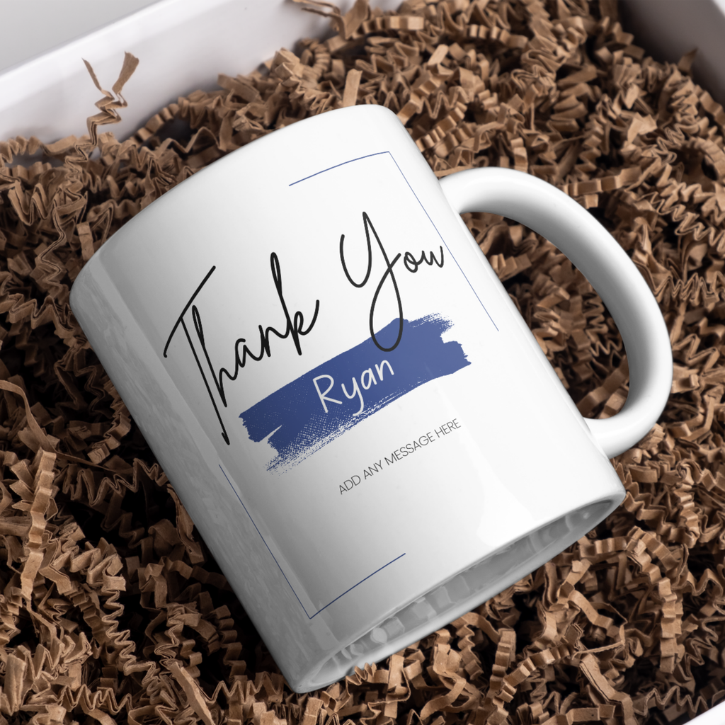 Blue Brushstroke Thank You Mug – gift presentation on paper packing