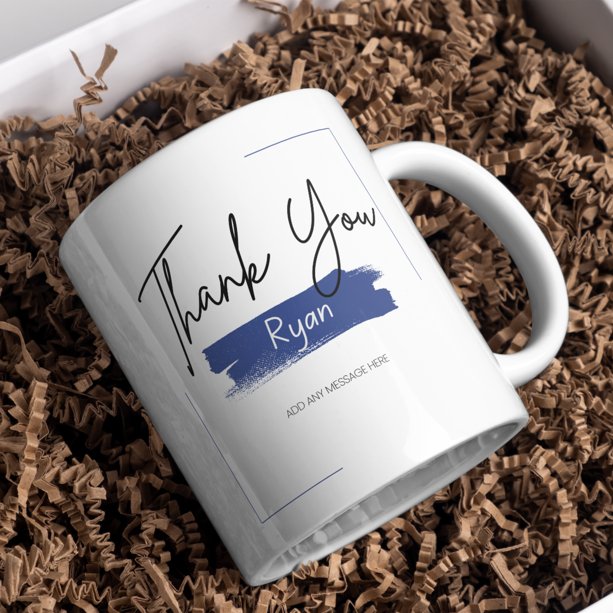 Blue Brushstroke Thank You Mug – gift presentation on paper packing