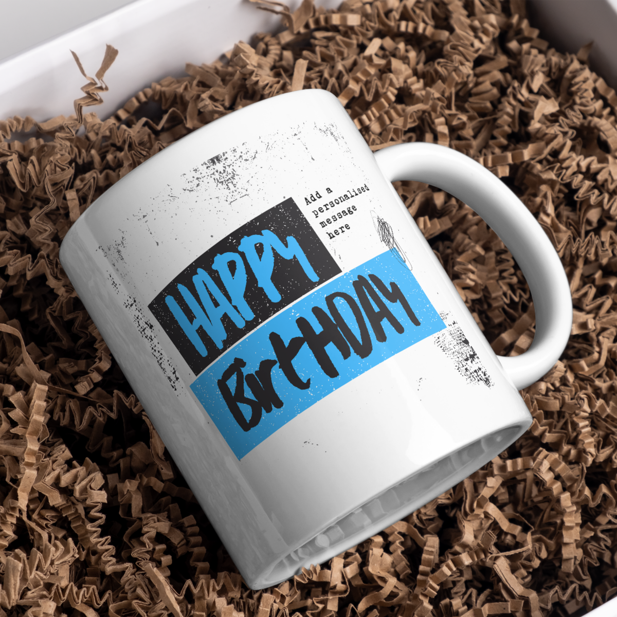 Blue Grunge Birthday Mug – gift presentation on paper packing