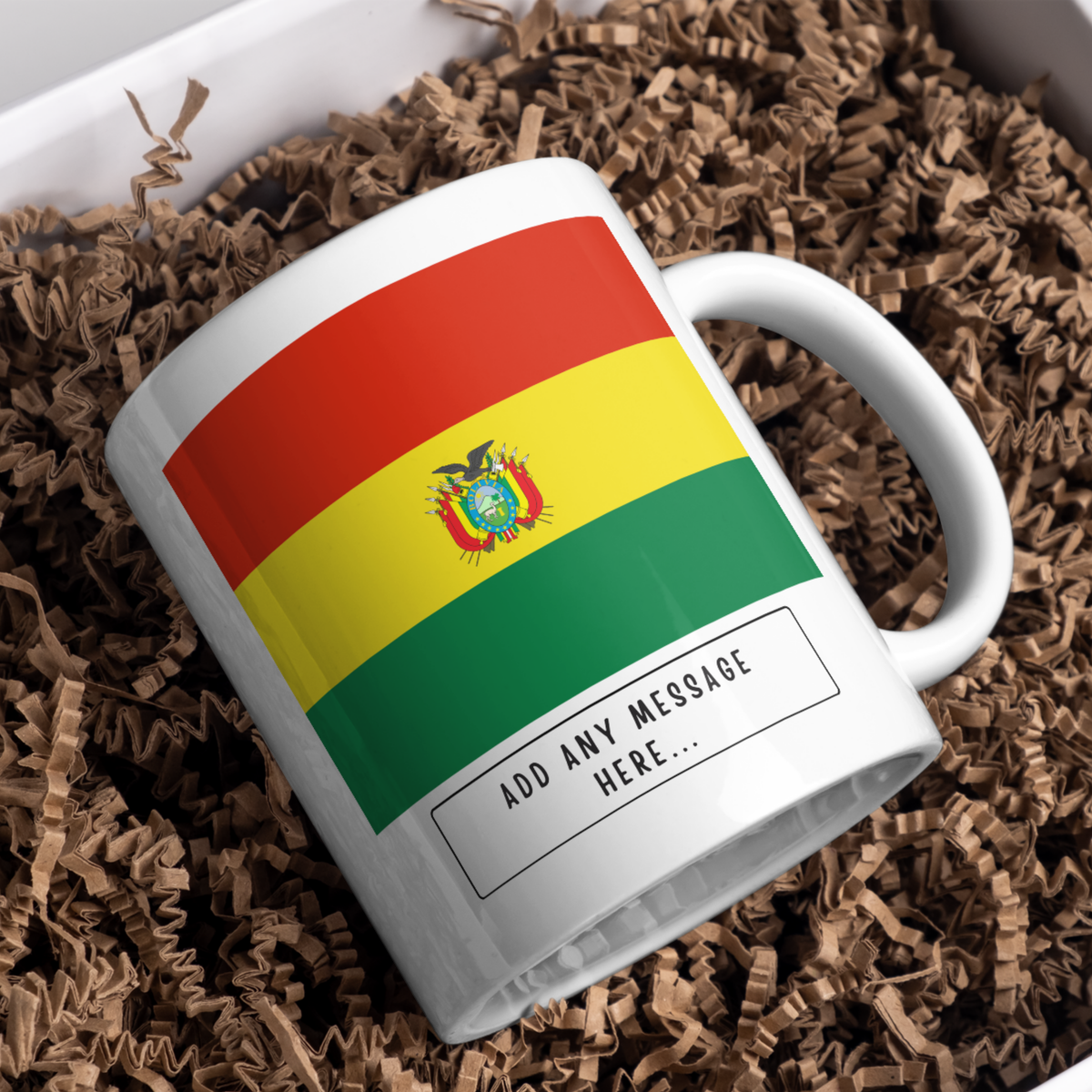 Personalised Bolivia flag mug – gift presentation on paper packing