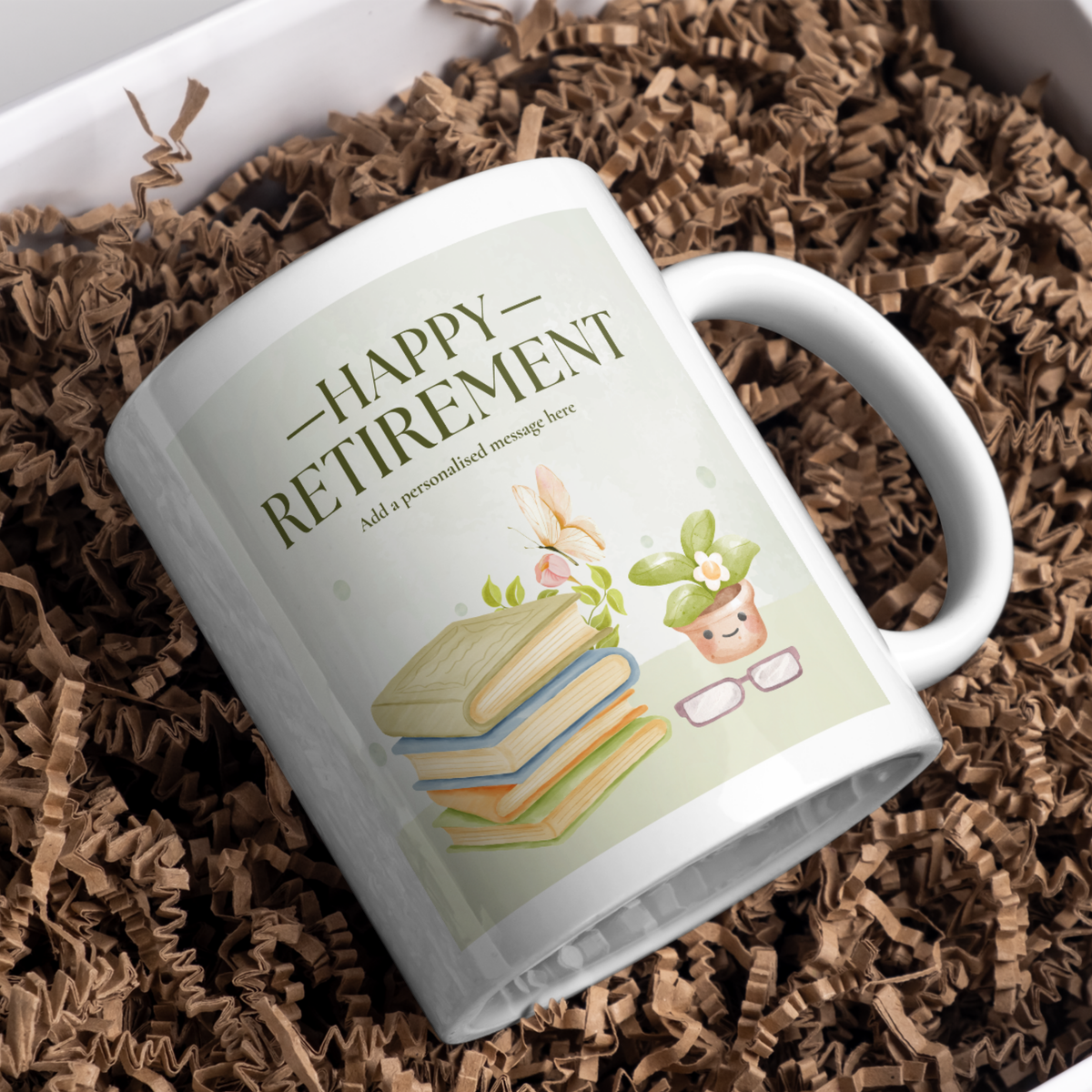 Books and Plant Happy Retirement Mug – gift presentation on paper packing