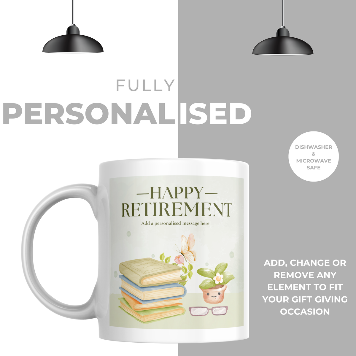 Books and Plant Happy Retirement Mug – personalisation information