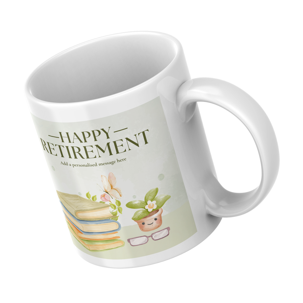 Books and Plant Happy Retirement Mug – angled view