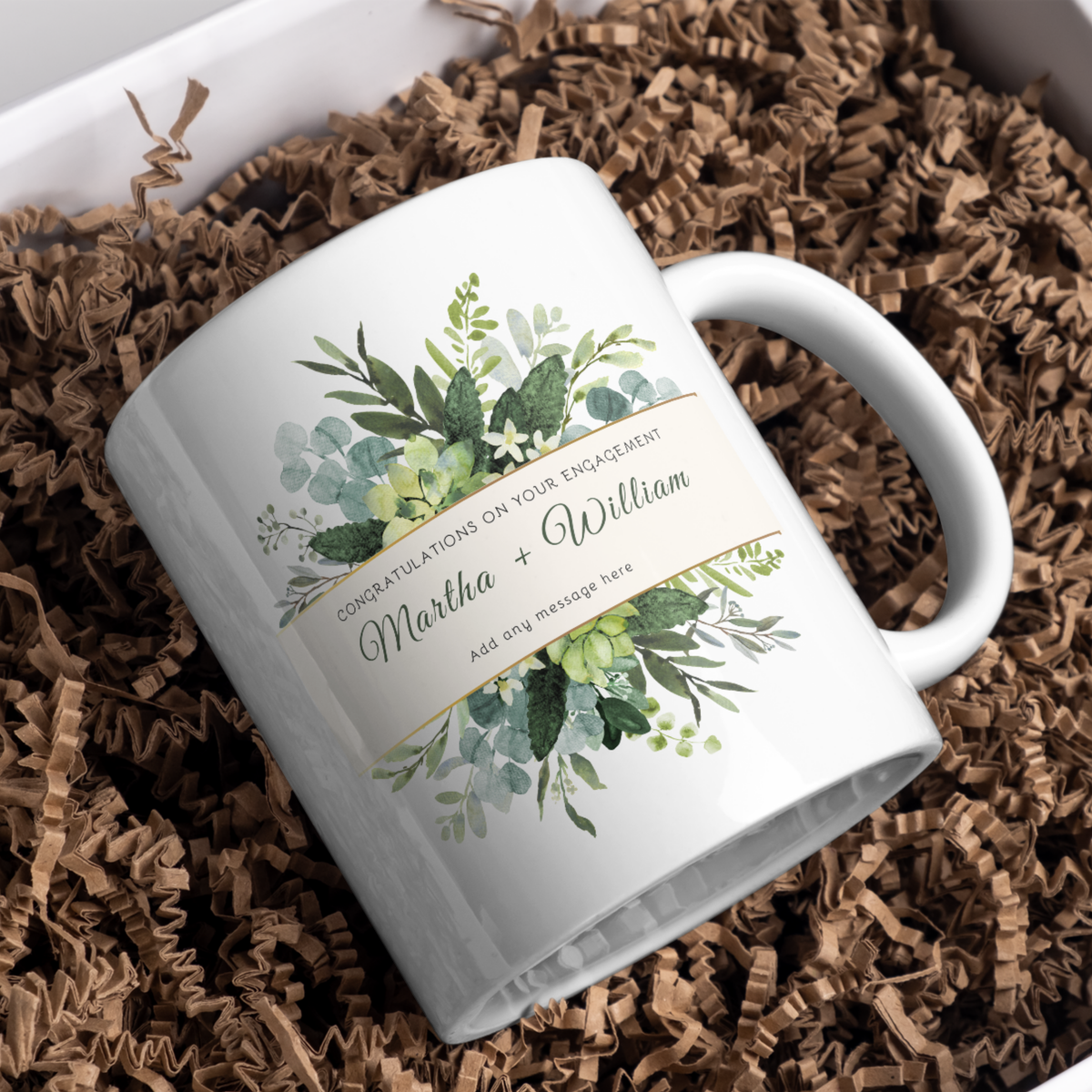 Botanical Greenery Engagement Mug – gift presentation on paper packing