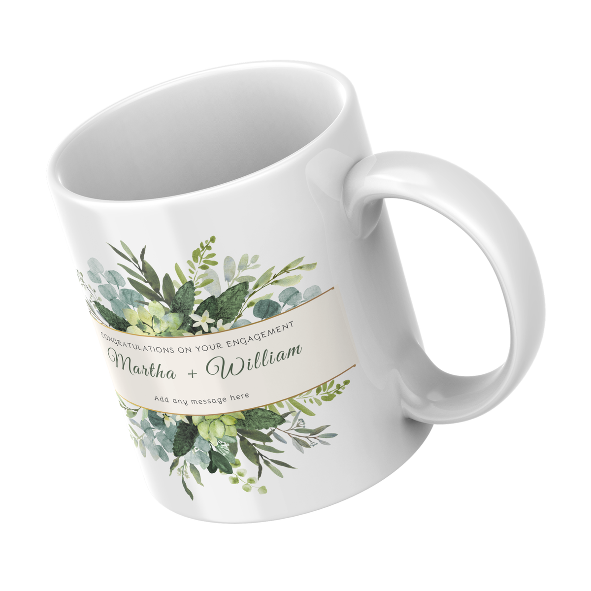 Botanical Greenery Engagement Mug – angled view
