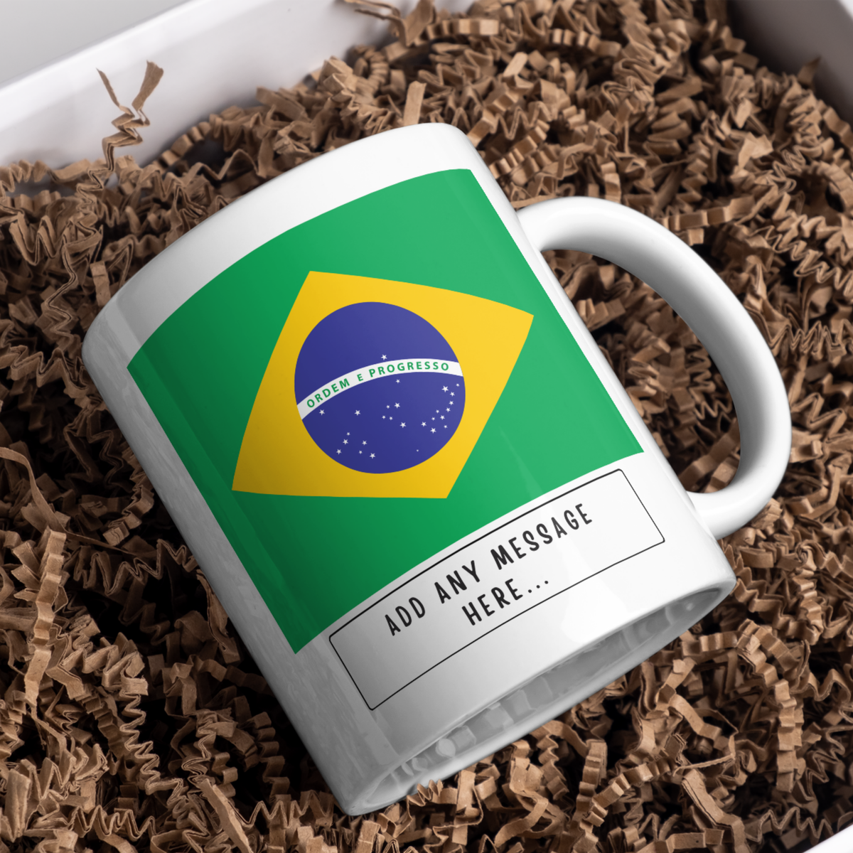 Personalised Brazil flag mug – gift presentation on paper packing