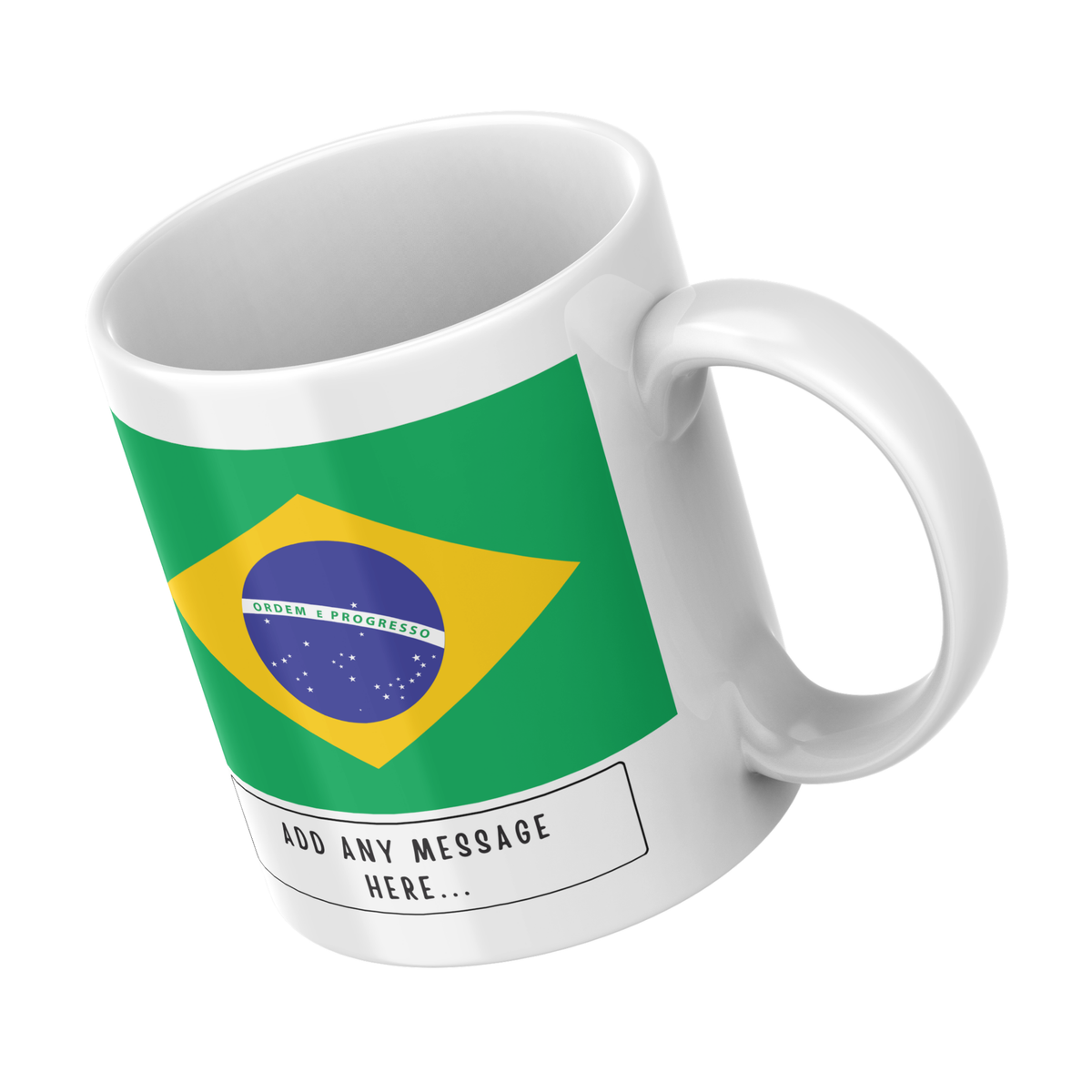 Personalised Brazil flag mug – angled view