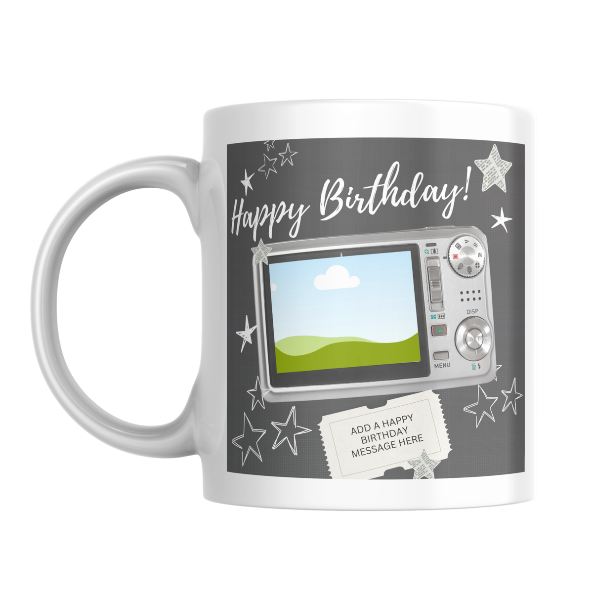 Camera Photo Birthday Mug – front view with photo placeholder