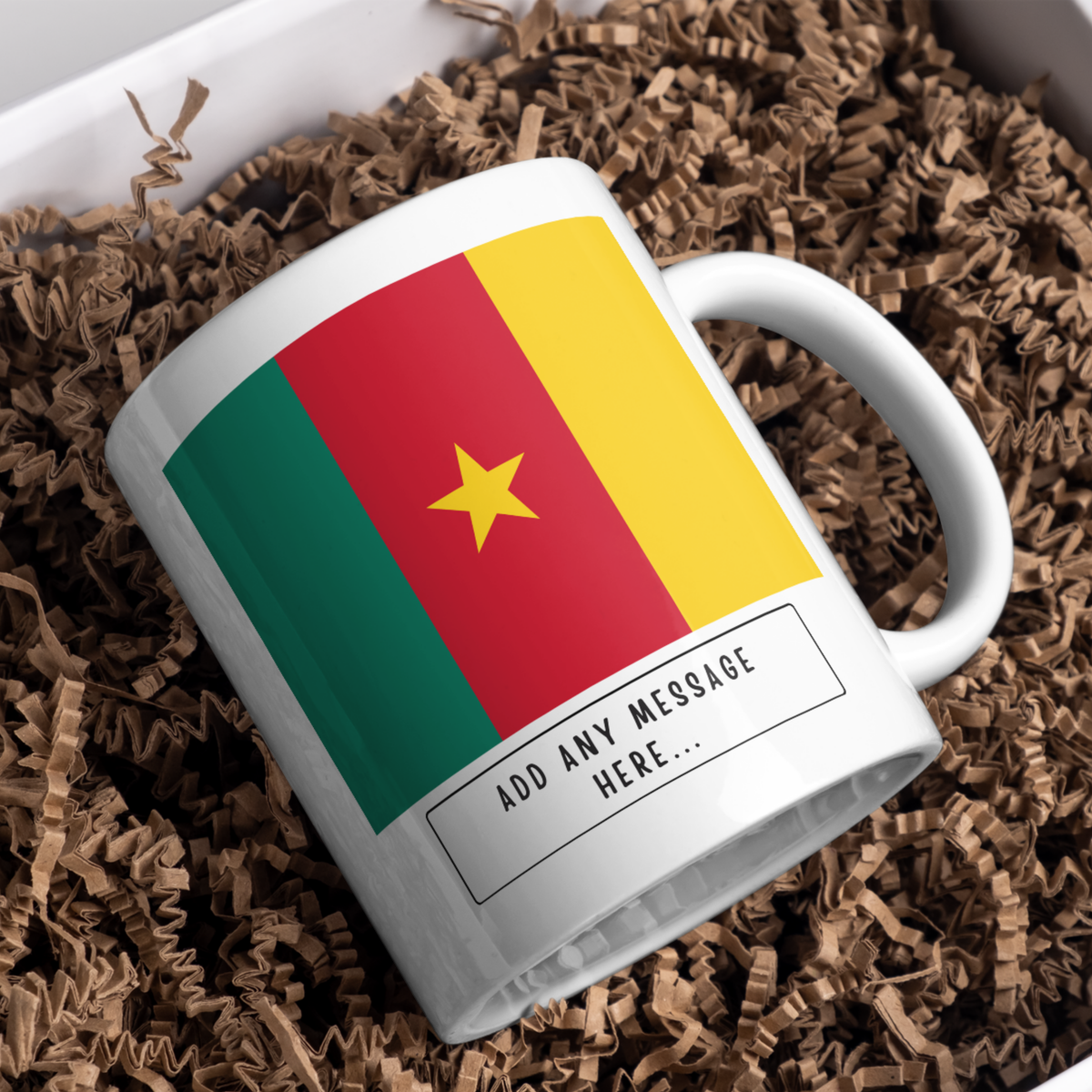 Personalised Cameroon flag mug – gift presentation on paper packing