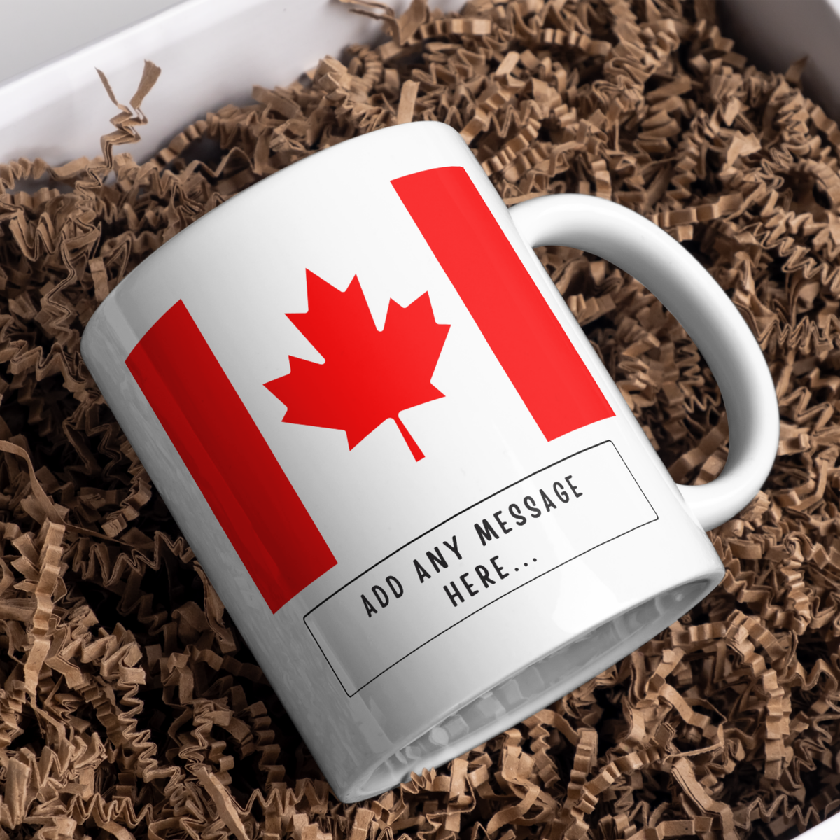 Personalised Canada flag mug – gift presentation on paper packing