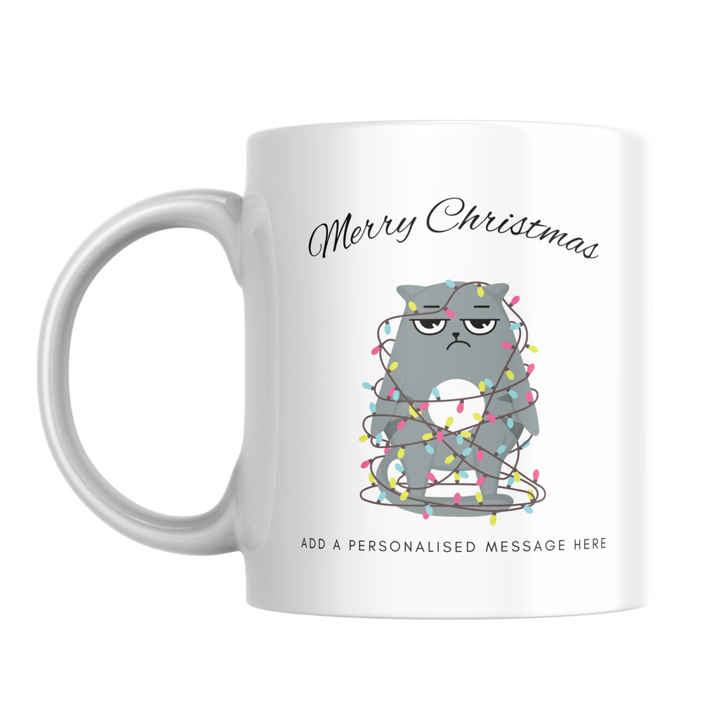 Cat Tangled in Christmas Lights Mug – front view