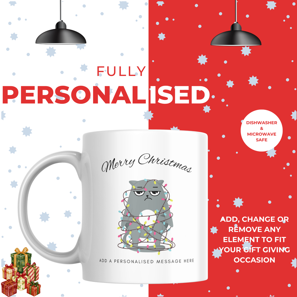 Cat Tangled in Christmas Lights Mug – personalisation information