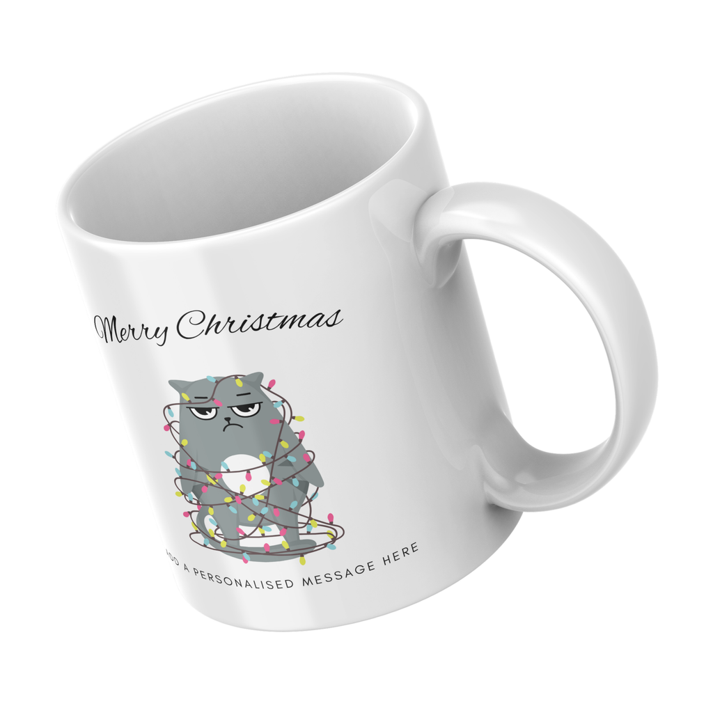 Cat Tangled in Christmas Lights Mug – angled view