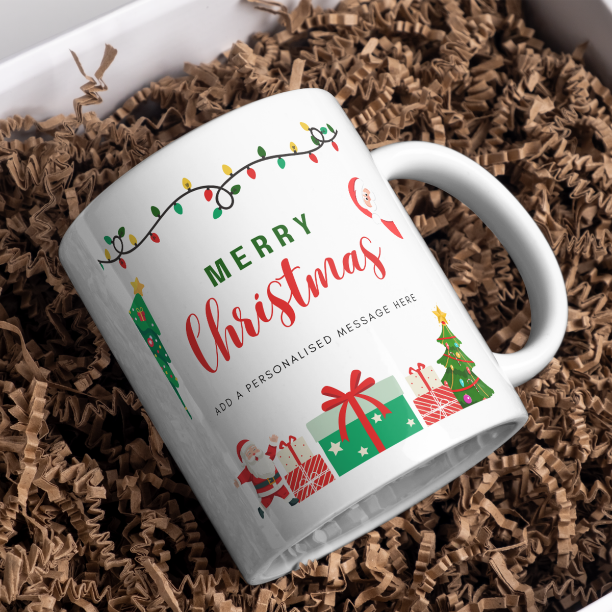 Christmas Lights and Presents Mug – gift presentation on paper packing