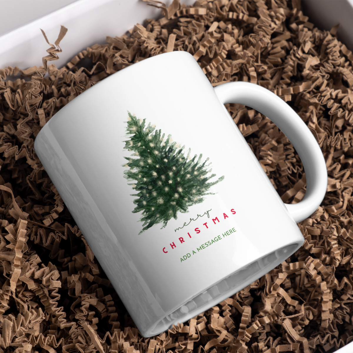 Classic Fir Tree Christmas Mug – gift presentation on paper packing