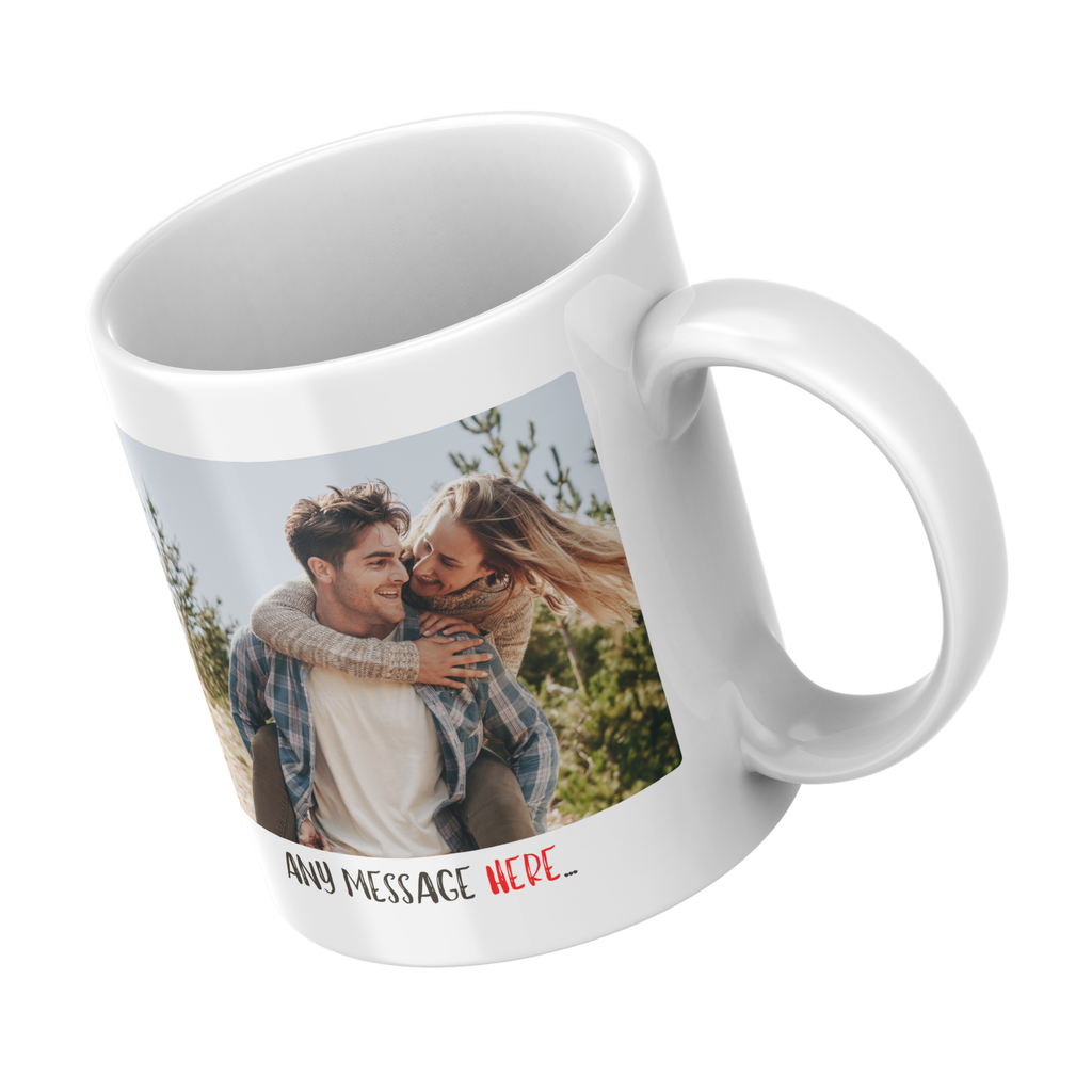 Classic Photo Mug – angled view with example photos