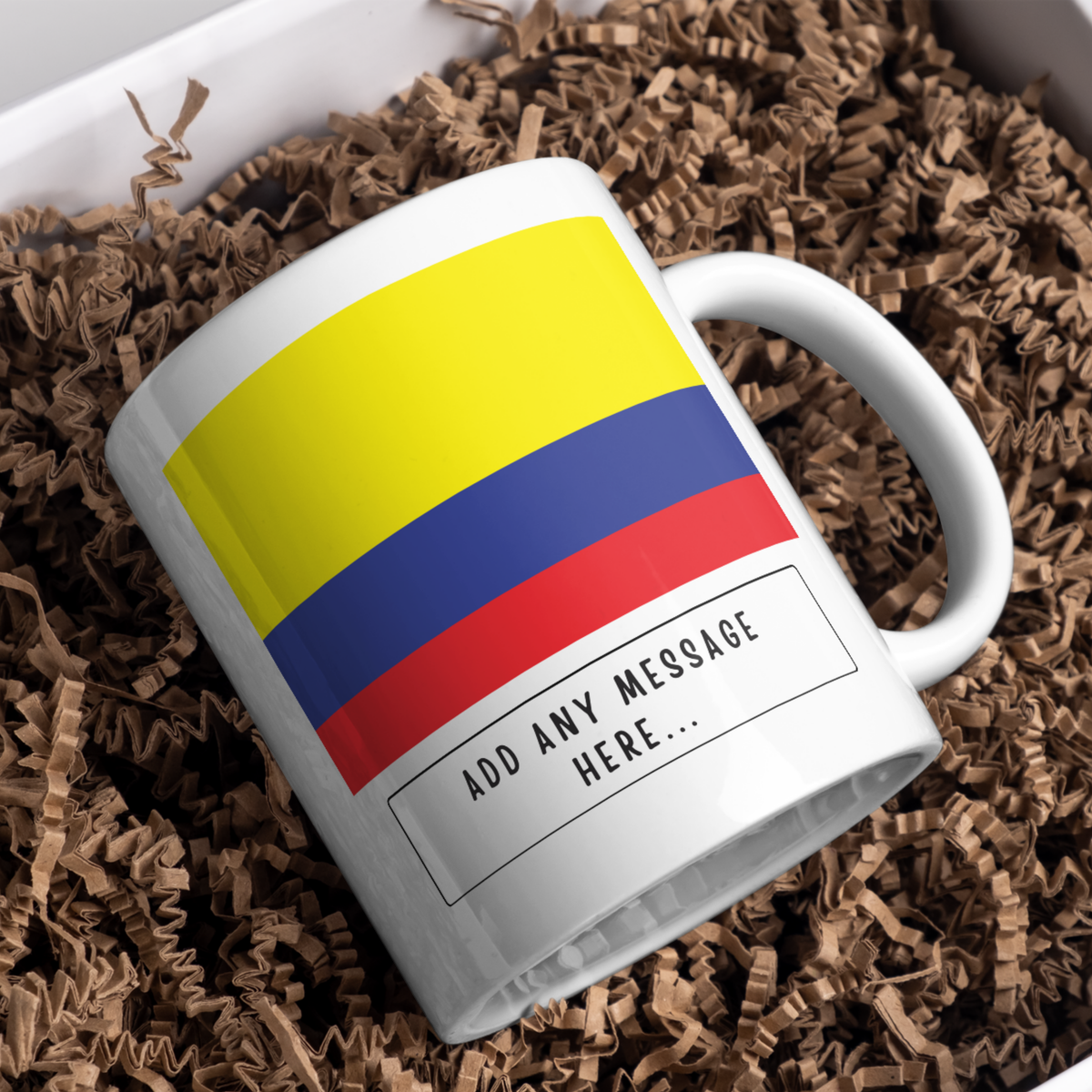 Personalised Colombia flag mug – gift presentation on paper packing