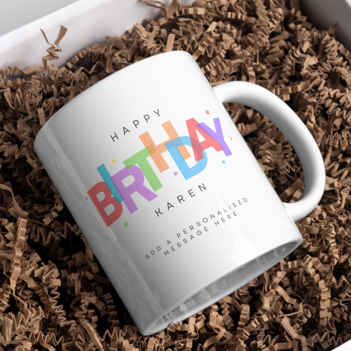 Colourful Birthday Lettering Mug – gift presentation on paper packing