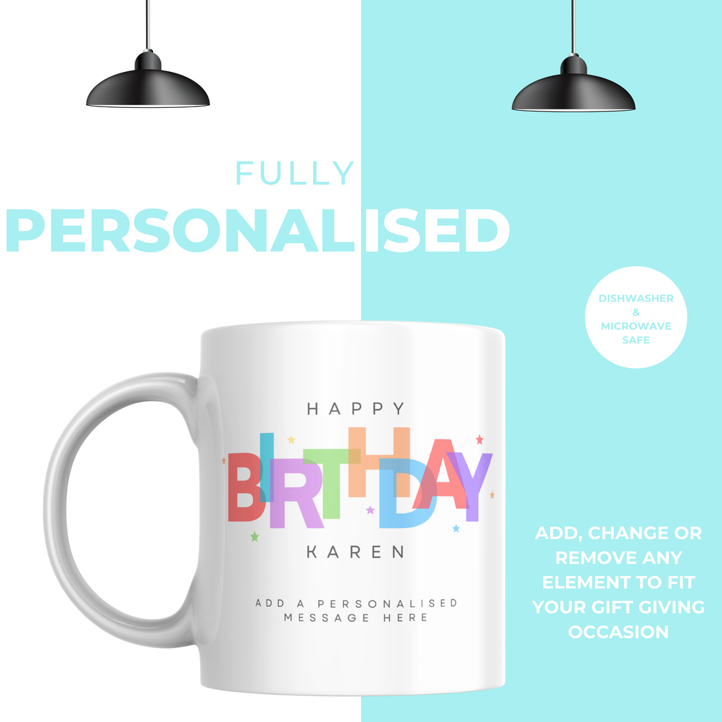 Colourful Birthday Lettering Mug – personalisation information