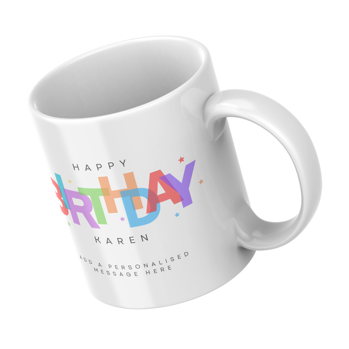 Colourful Birthday Lettering Mug – angled view