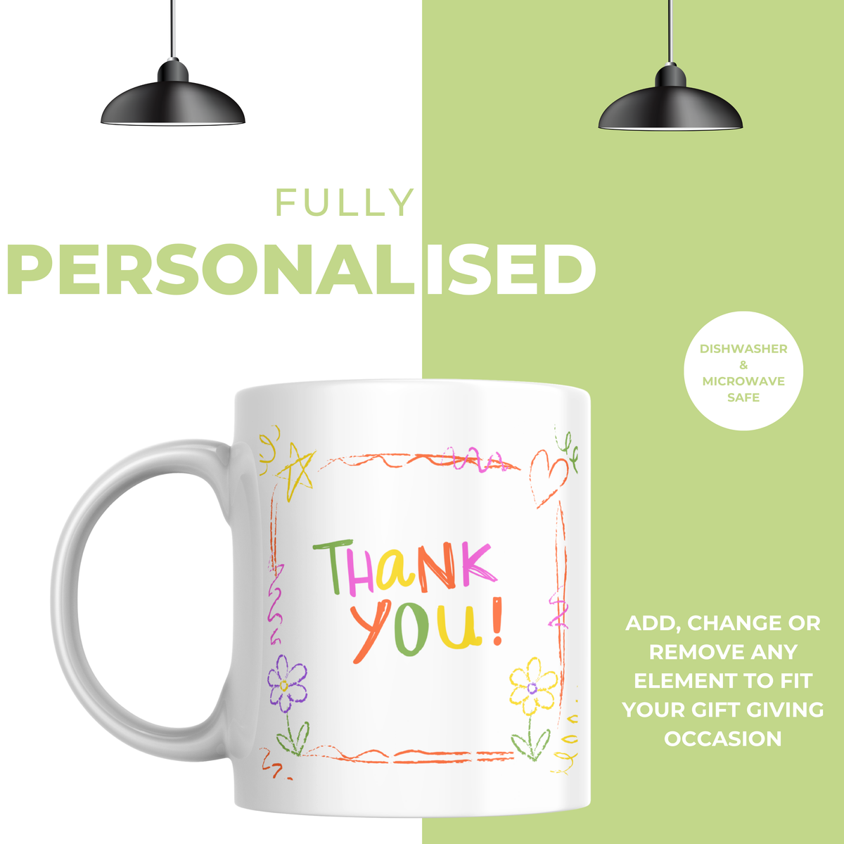 Colourful Doodle Thank You Mug – personalisation information