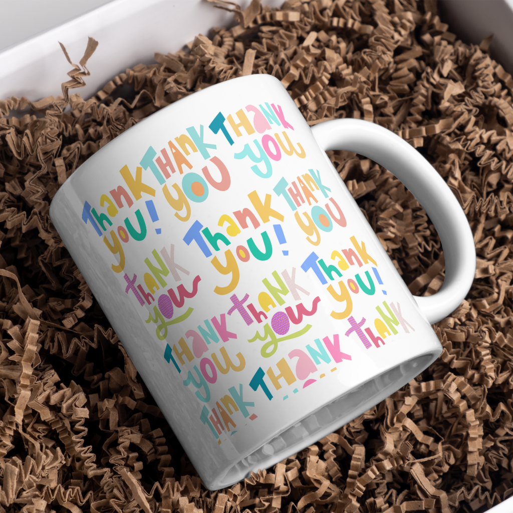 Colourful Thank You Pattern Mug – gift presentation on paper packing
