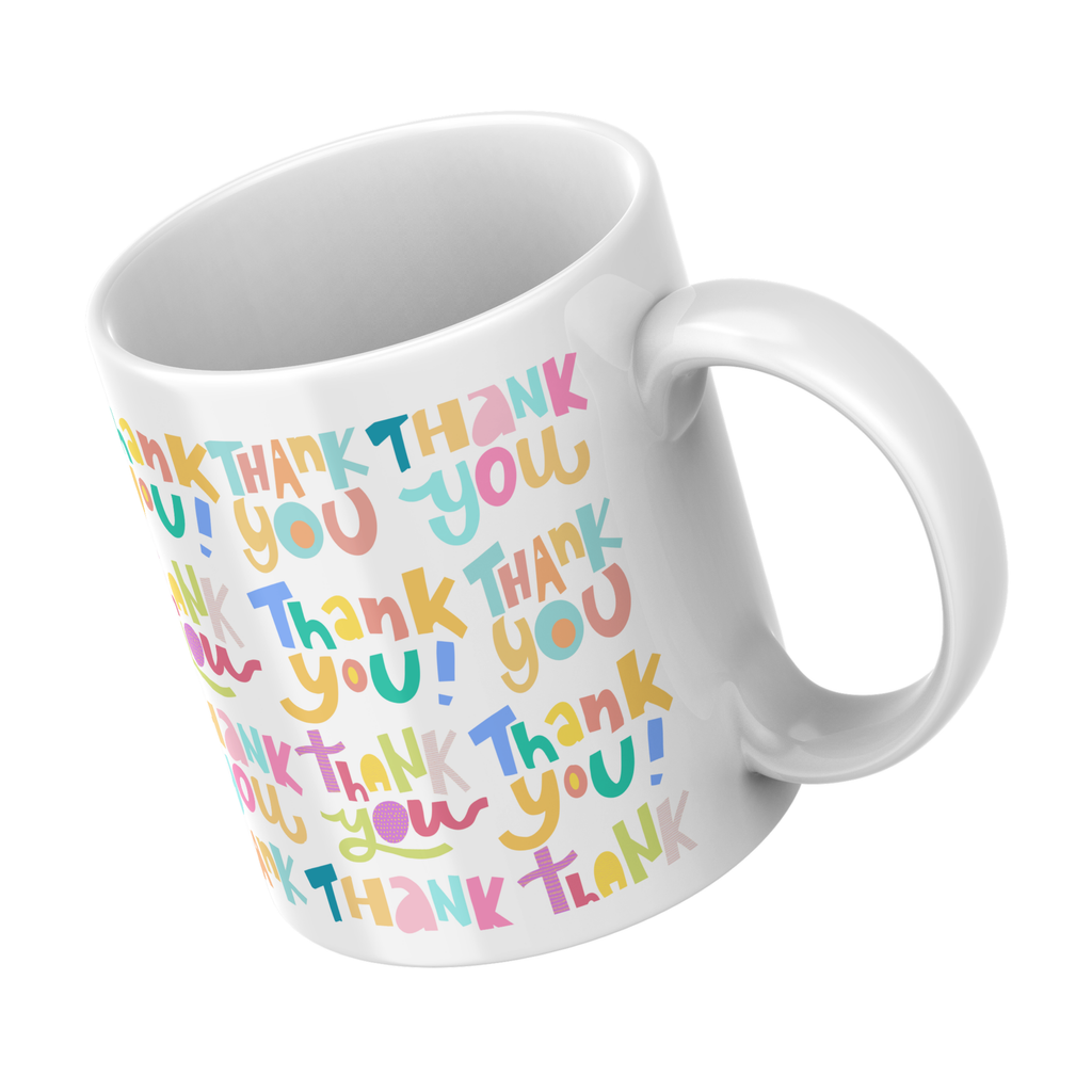 Colourful Thank You Pattern Mug – angled view