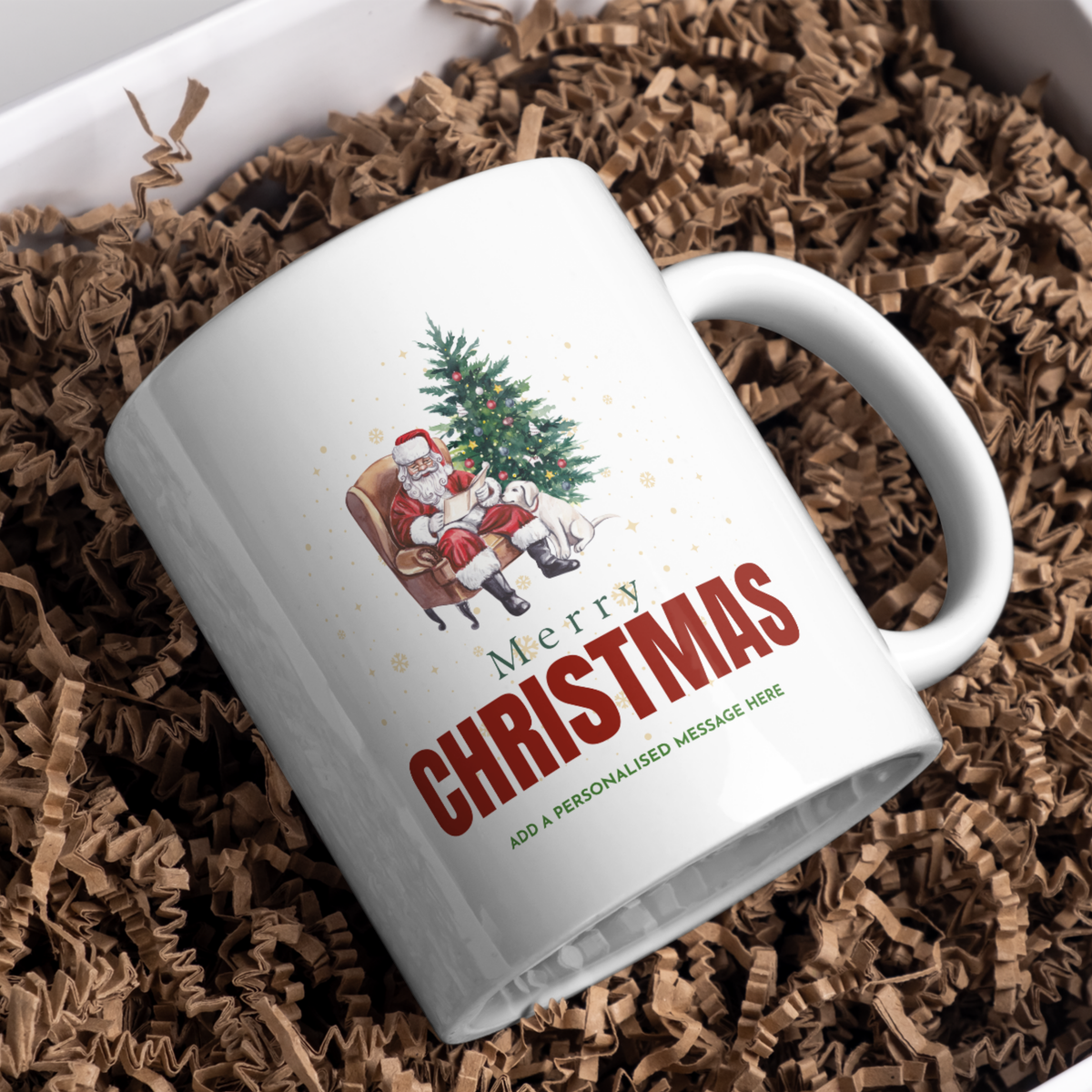 Cosy Santa Chair Christmas Mug – gift presentation on paper packing